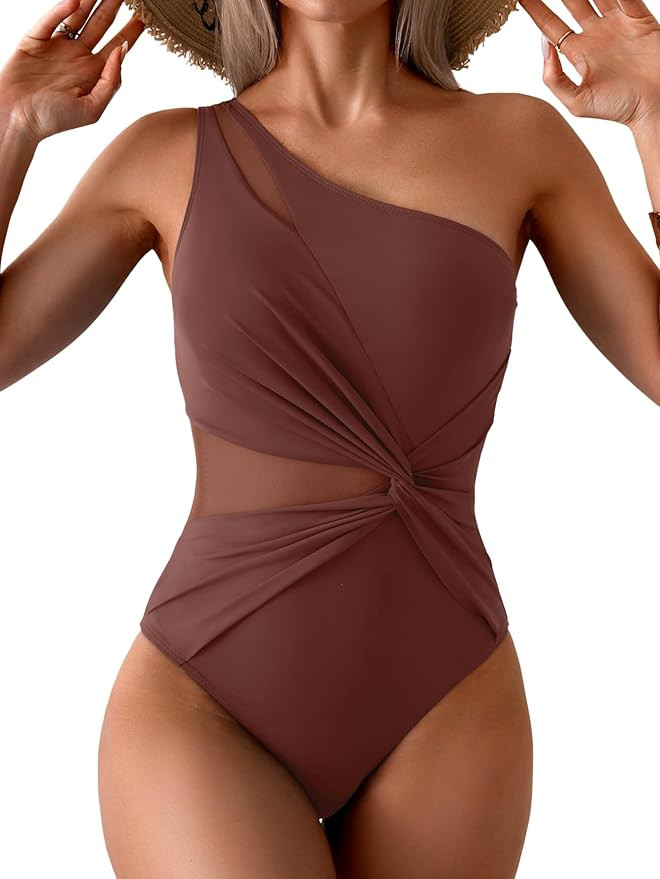 One Shoulder One Piece Swimsuit for Women Mesh Tummy Control Bathing Suit Twist Swimwear | Amazon (US)