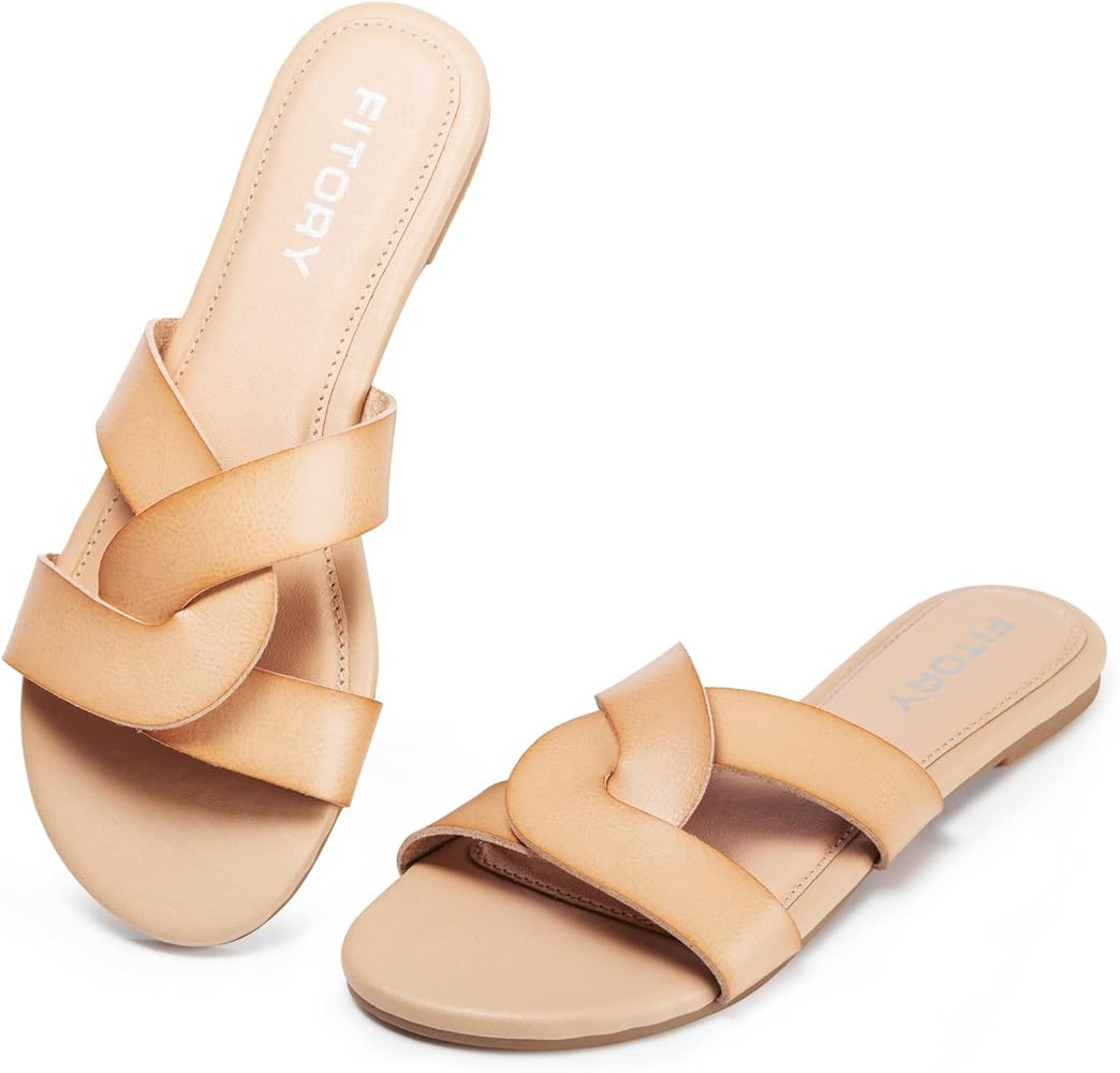 FITORY Women's Flat Sandals Fashion Slides With Soft Leather Slippers for Summer Size 6-11 | Amazon (US)