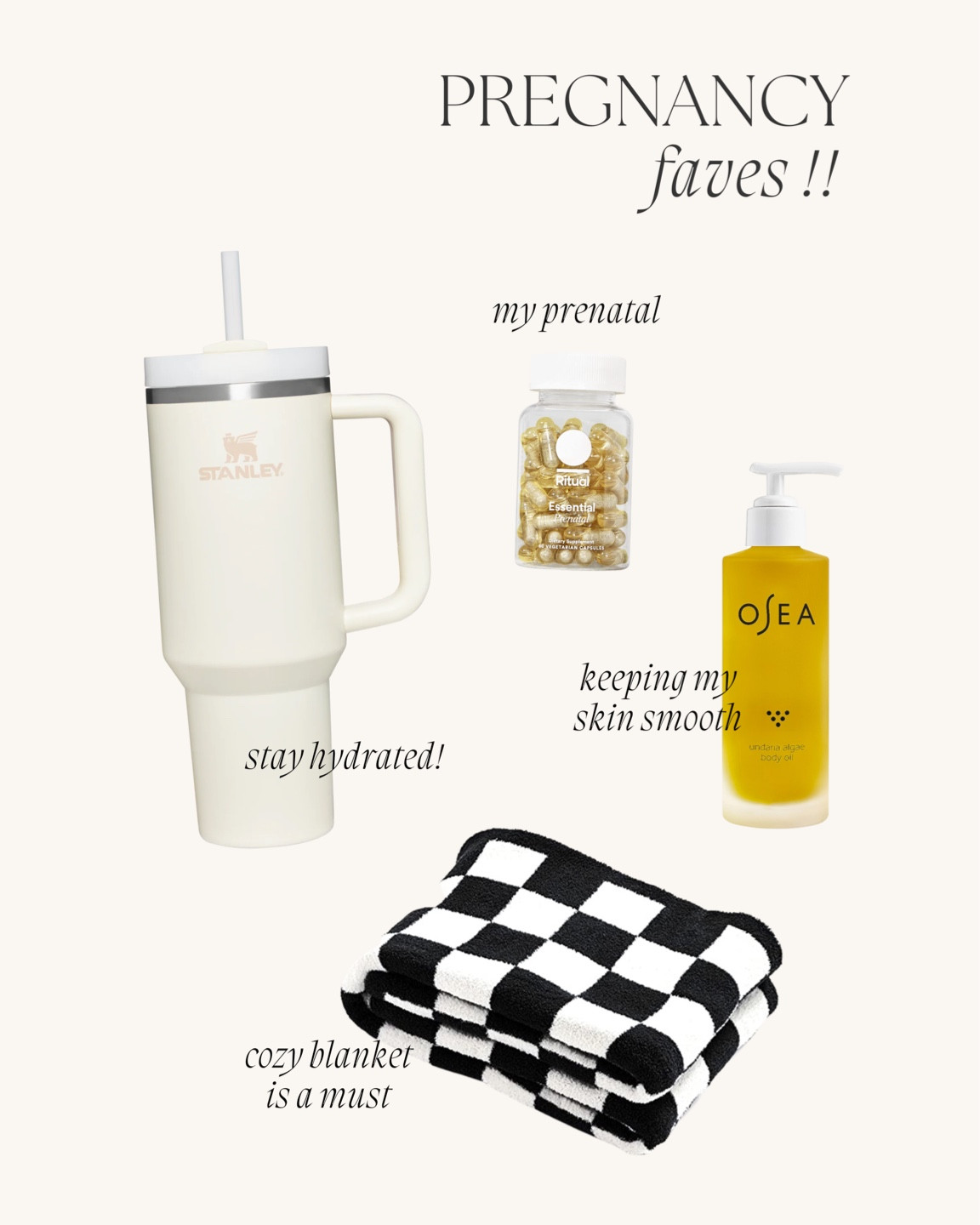 Pregnancy faves! Bresheppard20 for ritual prenatals, fave Stanley for drinking water!! love this body oil for hydrated skin. Amazon blanket! 