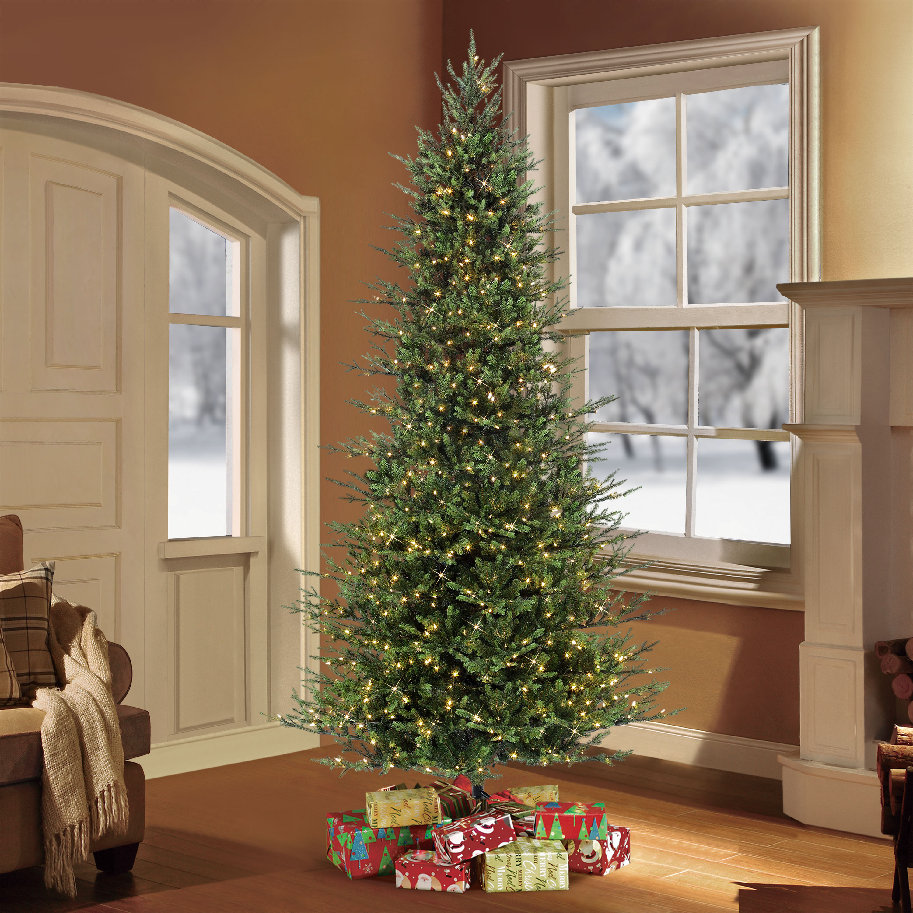 Puleo International Balsam Fir 9 ft. Pre-Lit Slim Artificial Christmas Tree | Walmart (US)