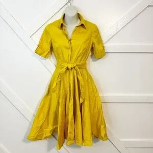 Badgley Mischka Shirt Collar Button Down Tie Waist Flare Short Sleeve Mini Dress | Poshmark