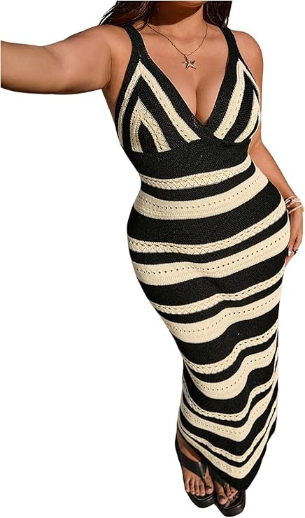 GORGLITTER Women's Plus Size Crochet Bodycon Maxi Dress Striped Sleeveless Knit Beach Long Sundre... | Amazon (US)