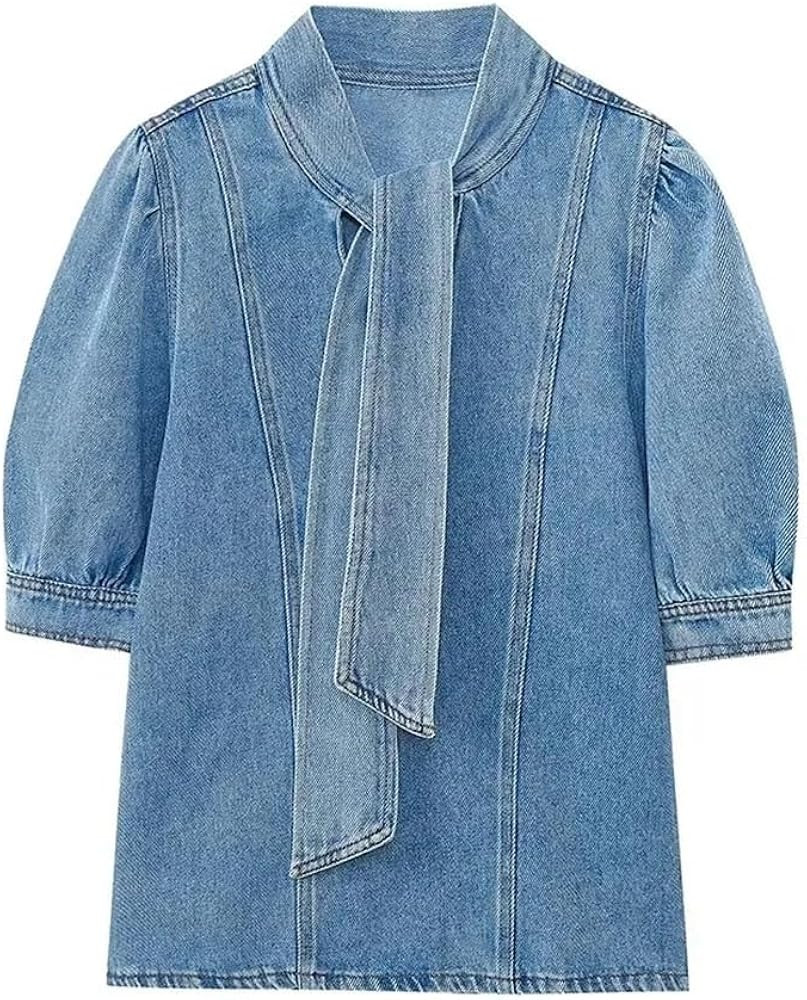 Women Bowtie Neckline Denim Shirt Loose Fitting Long Sleeves Woman Blouses and Shirts Top | Amazon (US)