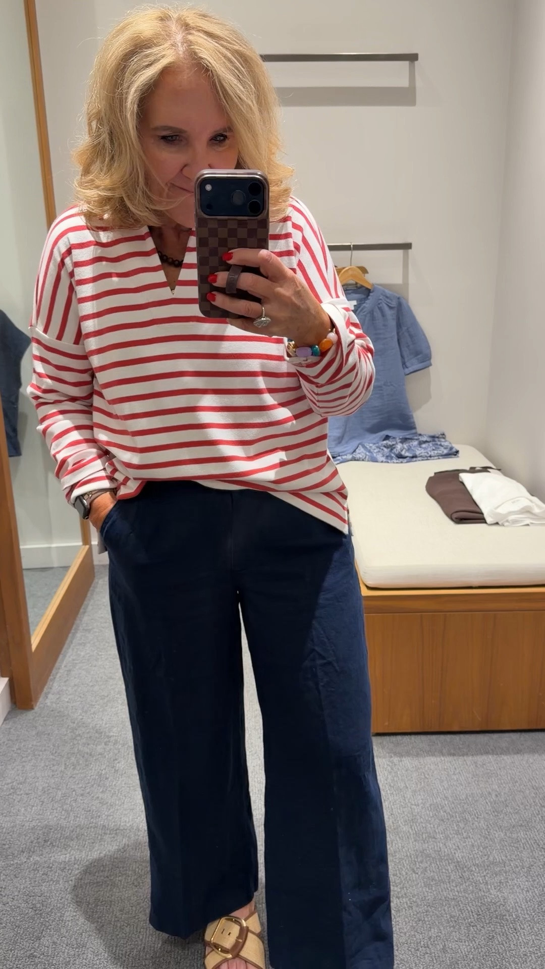Stopped by @jjill and tried on a few things. I haven’t worn this brand in 20 years!!! Tell me what you think! 

Linen pants are a small for fitted, or reg size for relaxed. They are really nice quality trouser style 

Loved this polo collar sweatshirt this is a small! 

4th of July summer outfit navy pants striped top

#LTKOver40 #LTKSeasonal