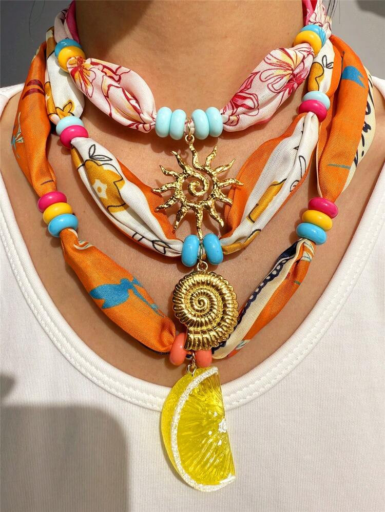 Bohemian Colorful Bandana Necklace,Conch Sun Pendant Beaded Necklace,Colorful Fruit Scarf Necklace, Ocean Jewelry,Birthday Gift,Lemon Charm | SHEIN