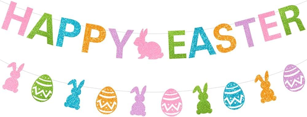 Glitter Happy Easter Banner and Colorful Glittery Bunny Rabbit Easter Eggs Banner Happy Easter Ga... | Amazon (US)