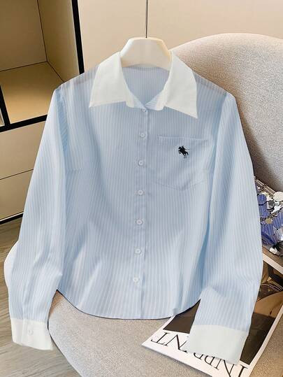 GlowEve CURVE Plus Size Blue Striped Patchwork Long Sleeve Polo Collar Casual Shirt | SHEIN