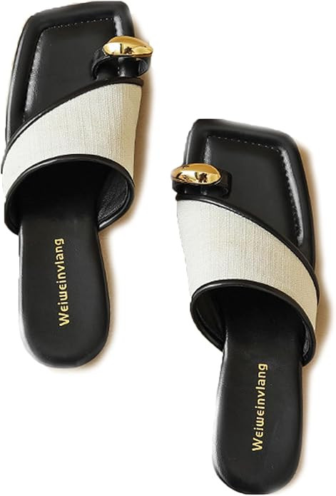 Women's Ring Toe Metal Flat Sandals Summer Slip-on Square Open Toe Non-Slip Beach Flats Slippers | Amazon (US)