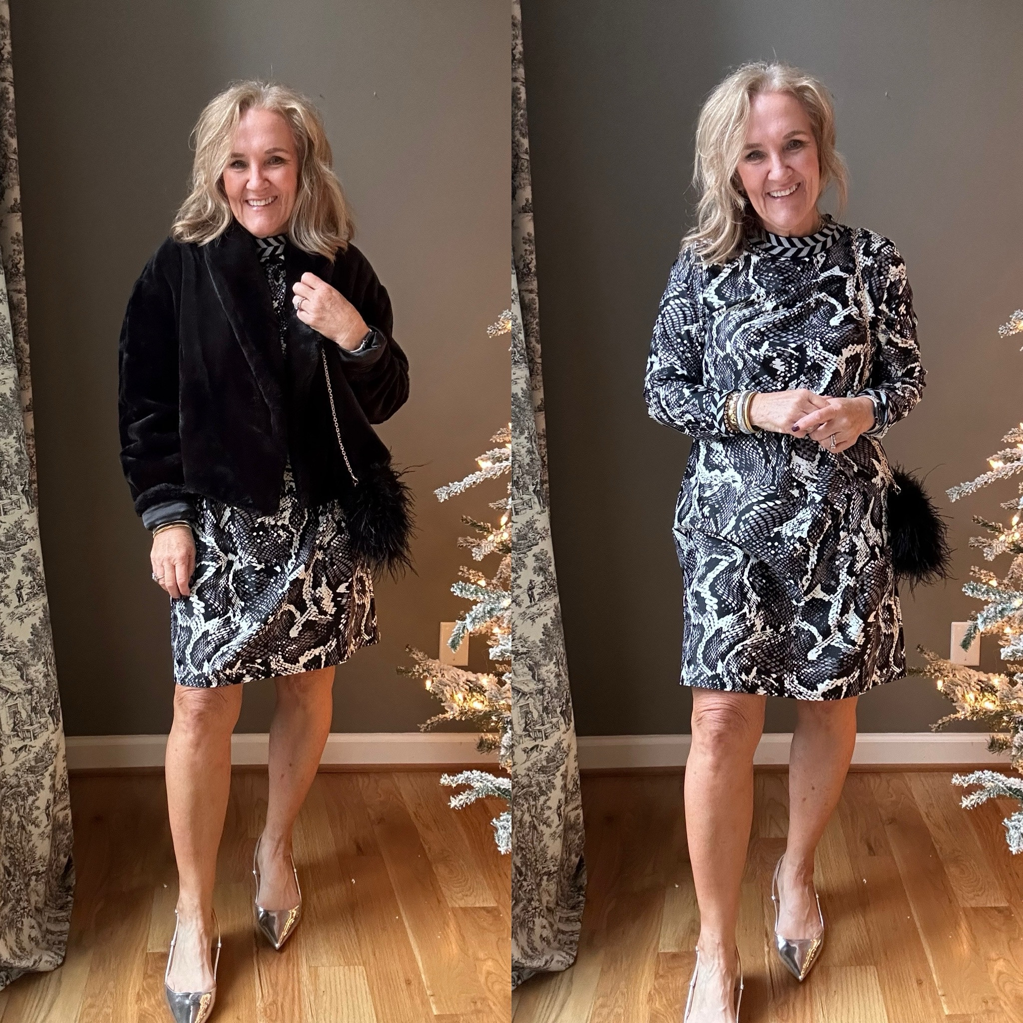 Cameron dress size large. I did size up to give me a little extra length. It was really pretty trim on the cuffs and neck. 

Linking a few faux fur jackets. 

Holiday party wedding guest dress cocktail party dress Dillards Jude Connally Christmas dress python print dress 

#LTKHoliday #LTKParties #LTKOver40