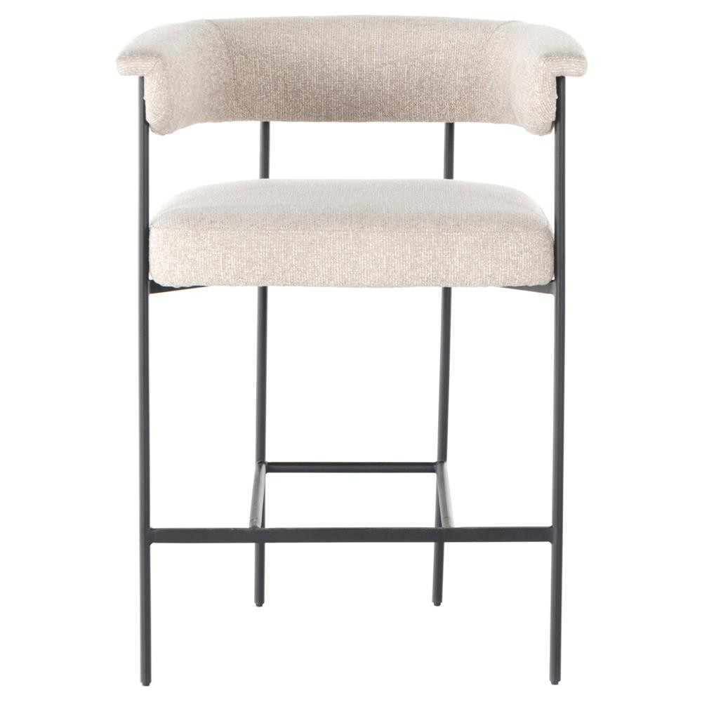 Penelope Industrial Off White Upholstered Matte Black Iron Barrel Counter Stool | Kathy Kuo Home