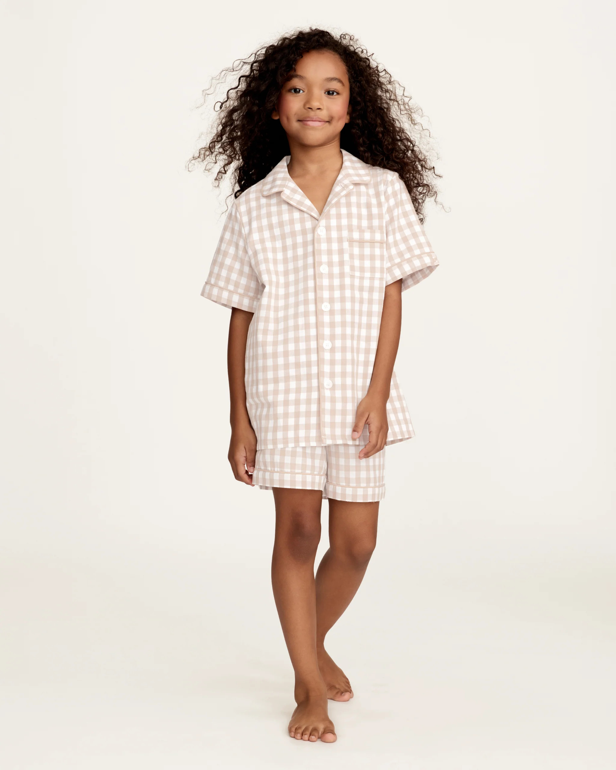 Kid's Twill Pajama Short Set in Camel Gingham | Petite Plume