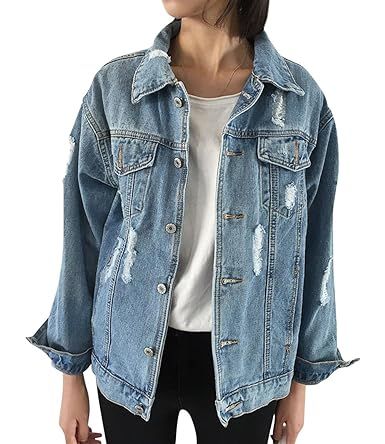 JUDYBRIDAL Oversize Denim Jacket for Women Ripped Jean Jacket Boyfriend Long Sleeve Coat | Amazon (US)