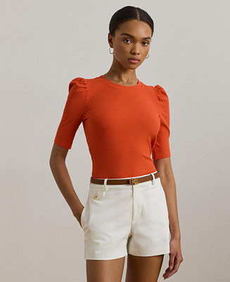 Lauren Ralph Lauren Women's Cotton-Blend Rib-Knit Puff-Sleeve Tee - Macy's | Macy's