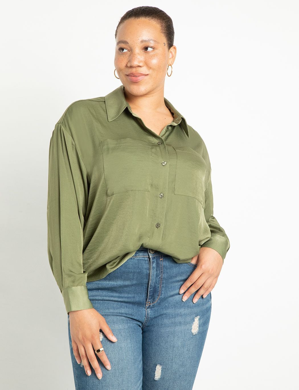Long Sleeve Satin Button Down | Eloquii