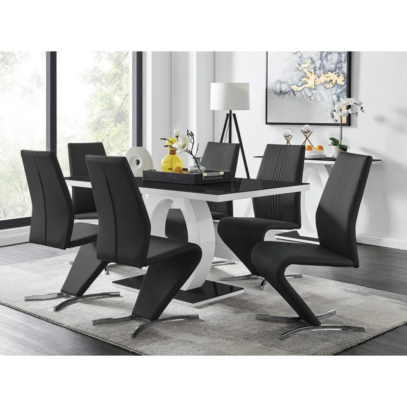 Scottsmoor Modern High Gloss Halo 6 Seater Dining Table Set with Luxury Faux Leather Dining Chair... | Wayfair North America