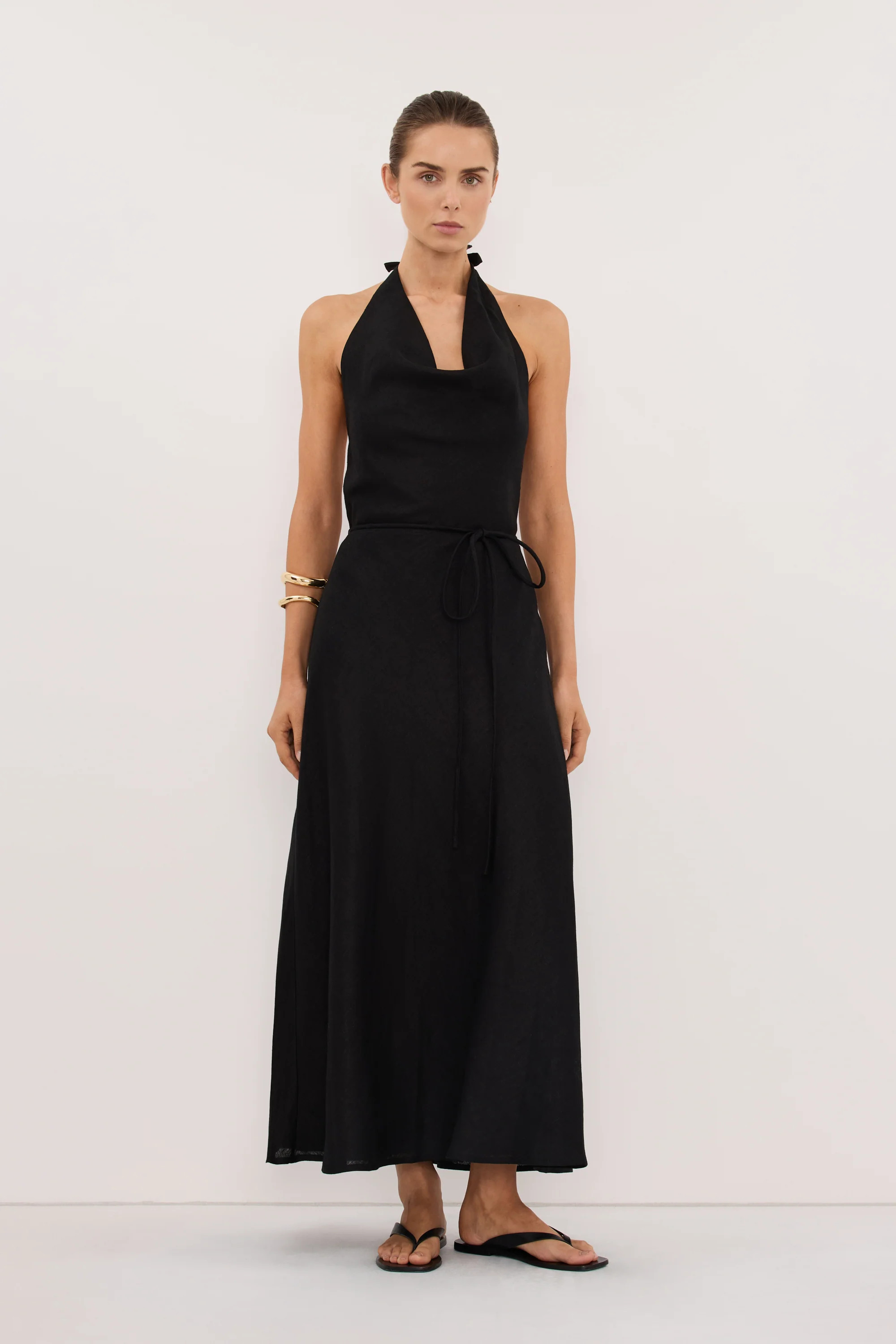 HAYLEE BLACK SLEEVELESS LINEN COWL MIDI DRESS | DISSH