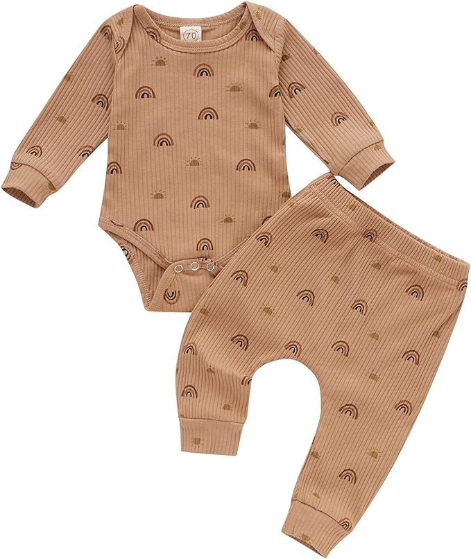 Newborn Baby Boy Girl Polka Dot Clothes Set Ribbed Knit Cotton Long Sleeve Romper Pants Unisex Fa... | Amazon (US)