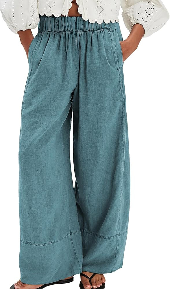 Songling Wide Leg Linen Pants for Women Summer Cotton Casual Palazzo Pant Boho Flowy Beach Pants ... | Amazon (US)
