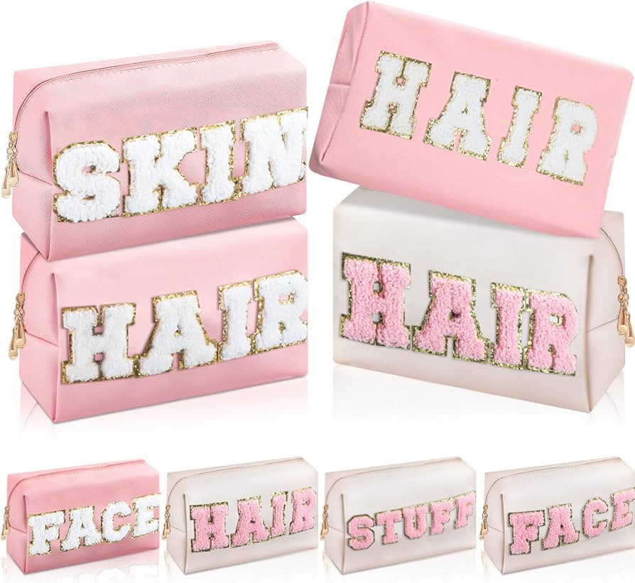 8 Pieces Preppy Makeup Bag Chenille Letter Cosmetic Makeup Organizer Portable Bag PU Leather Wate... | Amazon (US)