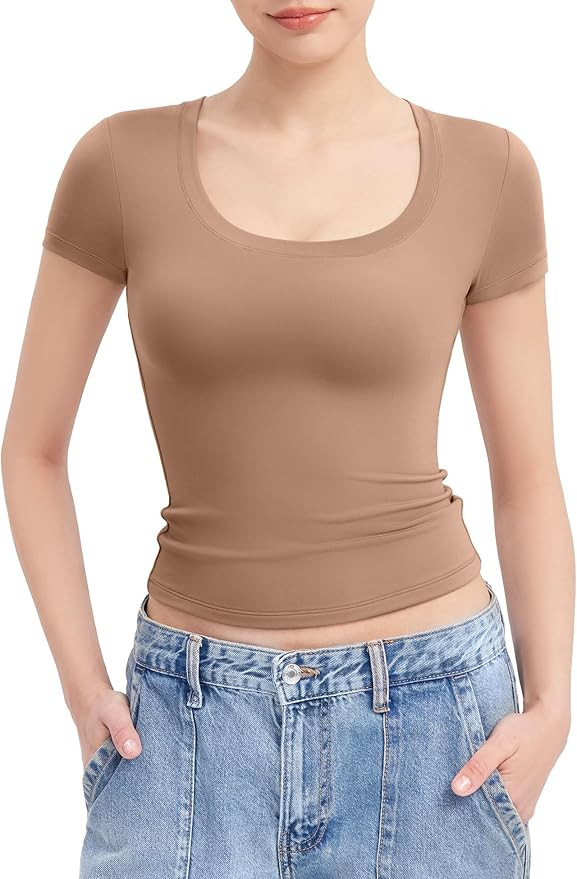 PUMIEY Women's T Shirts Short Sleeve Scoop Neck Basic Going Out Tops Fashion Slim Fit Tee Smoke C... | Amazon (US)