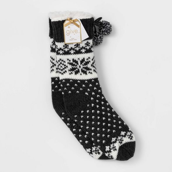 Women's Fair Isle Sherpa Lined Slipper Socks with Grippers - Charcoal 4-10 | Target