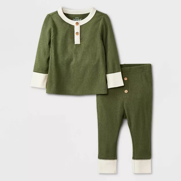 Baby Boys' 2pc Ribbed Henley Top & Bottom Set - Cat & Jack™ Olive Green | Target