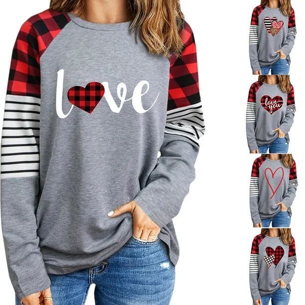 Farysays Valentines Day T Shirt for Women Buffalo Plaid Love Heart Graphic Print Stripe Long Slee... | Walmart (US)