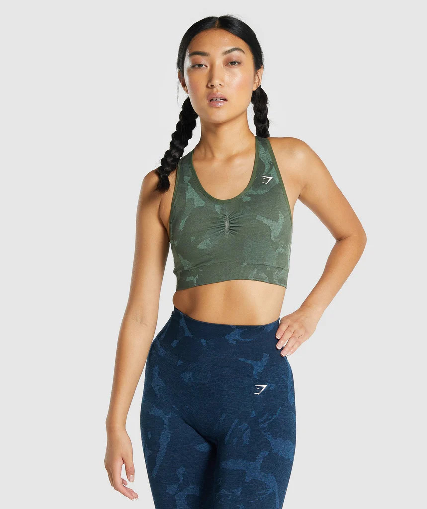 Gymshark Adapt Camo Seamless Racer Back Sports Bra - Savanna | Green | Gymshark (Global)