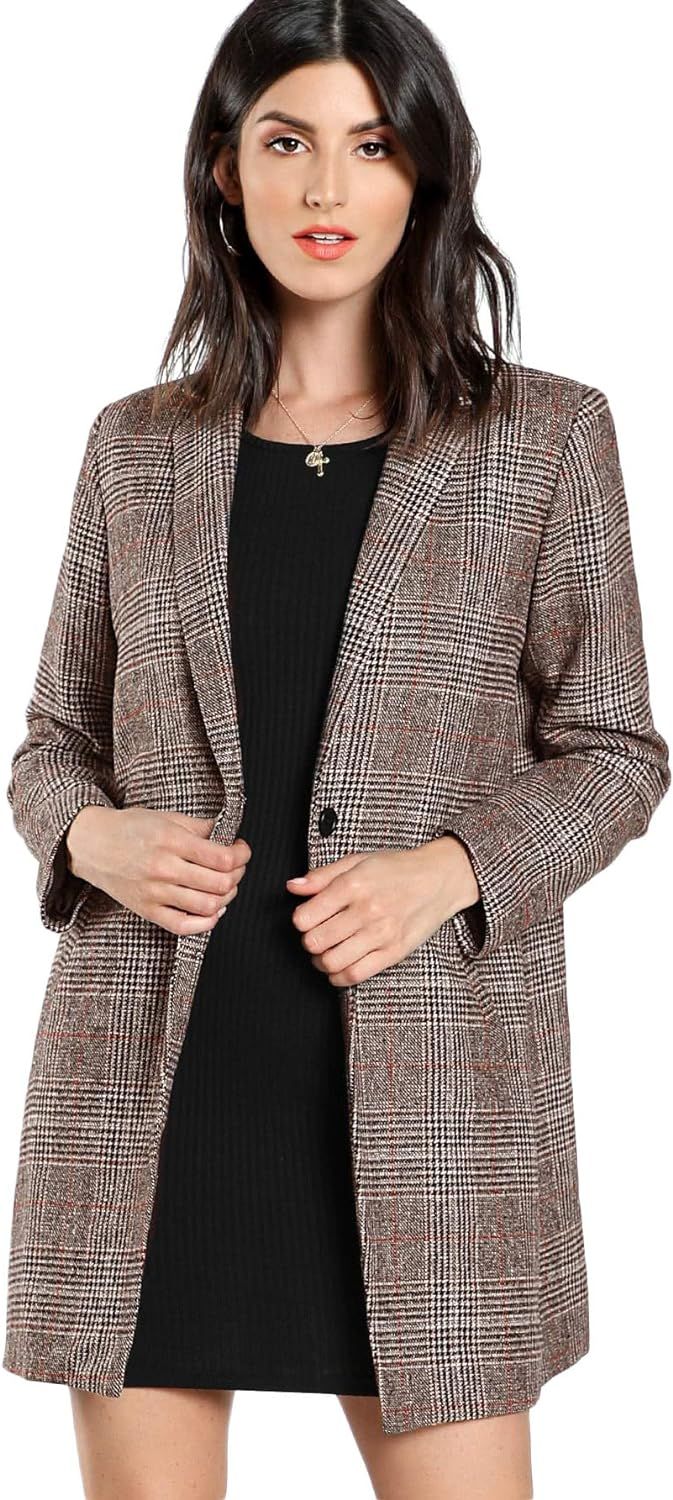 SheIn Women's Lapel Collar Coat Long Sleeve Plaid Blazer Outerwear | Amazon (US)