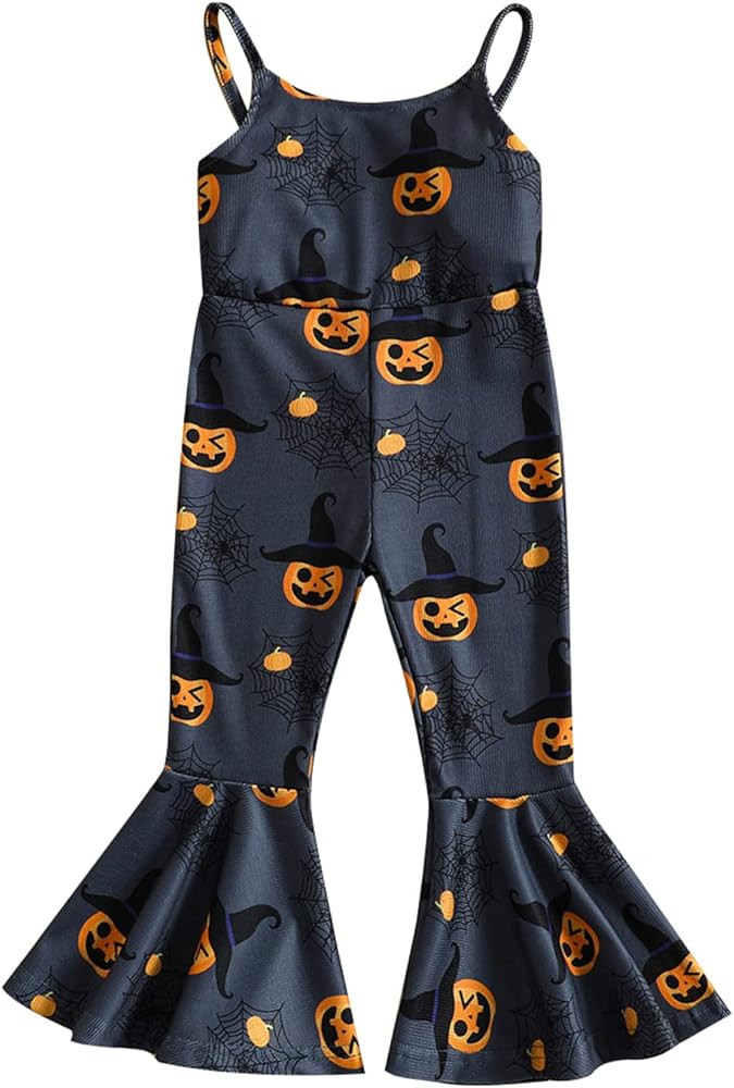 Toddler Baby Girls Halloween Jumpsuit Sleeveless Sling Bell-Bottoms Pumpkin Spider Romper | Amazon (US)