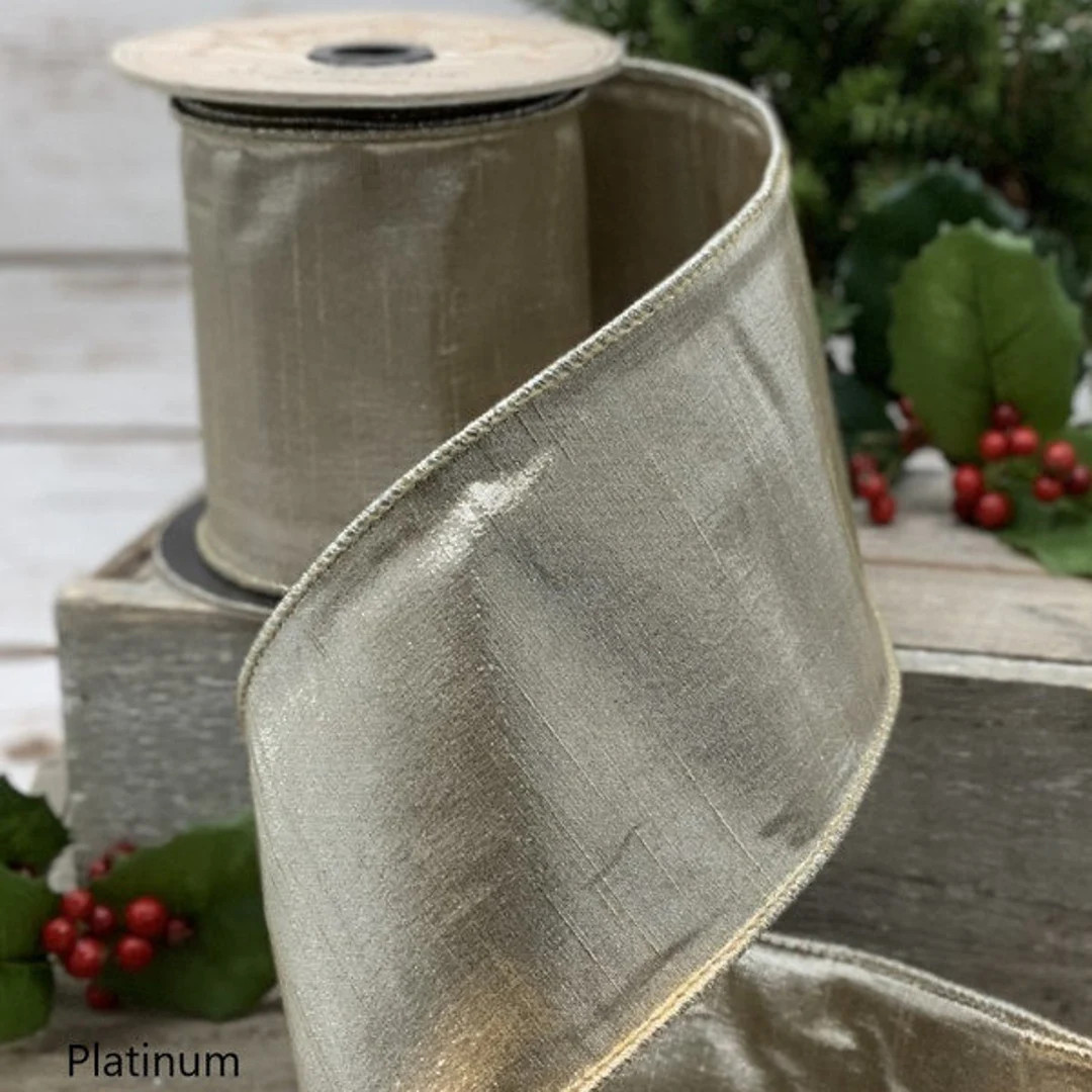 4" Platnium Faux Dupioni, Wired Ribbon, Craft Supply, DIY, Wreath Supply, Craft Ribbon, Floral Ri... | Etsy (US)