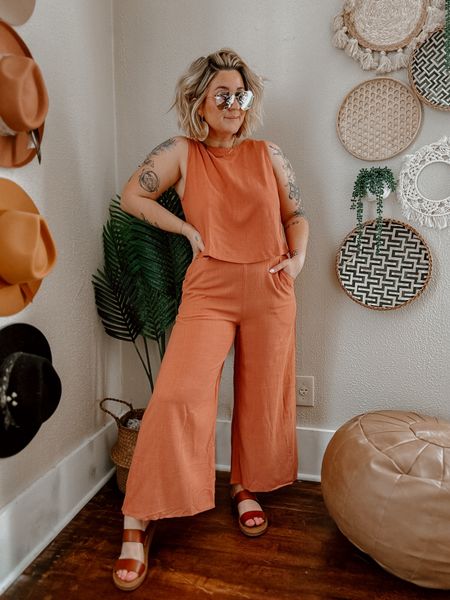 Amazon vacation outfit! 5’1 wearing medium and sandals run TTS. Two piece burnt orange salmon tank and wide leg pants. Brown strap sandals. Vacation outfit idea, vacation style, vacation look. Resort style. Resort outfit idea. Summer outfit idea. Spring outfit idea.

#LTKSeasonal #LTKunder50 #LTKFind