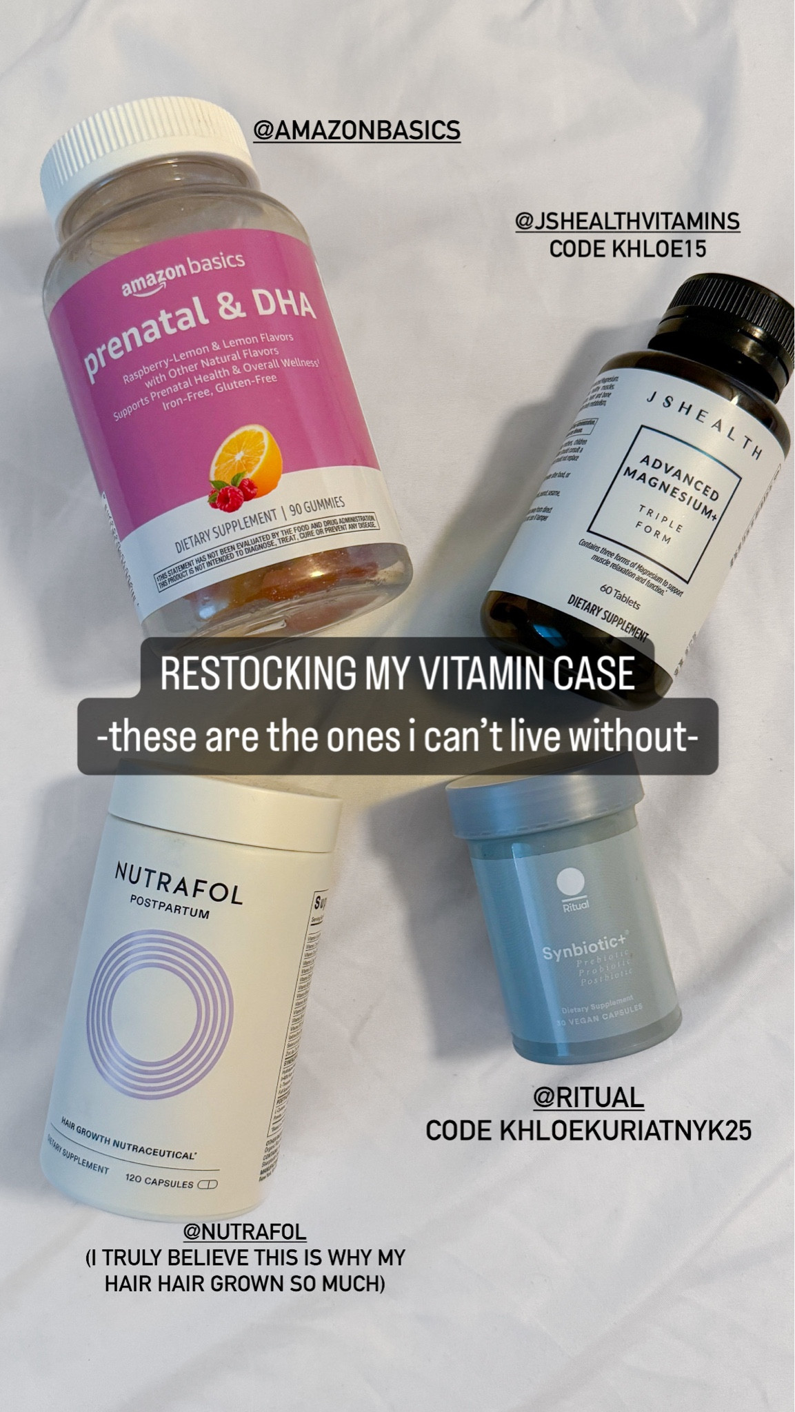 The vitamins I take as a mom of 3 that I cannot live without!

Ritual Synbiotic+ (code khloekuriatnyk25)
Nutrafol Postpartum
Amazon Basics Prenatal Gummies
JS Health Magnesium (code KHLOE15)

#LTKMidsize #LTKBeauty