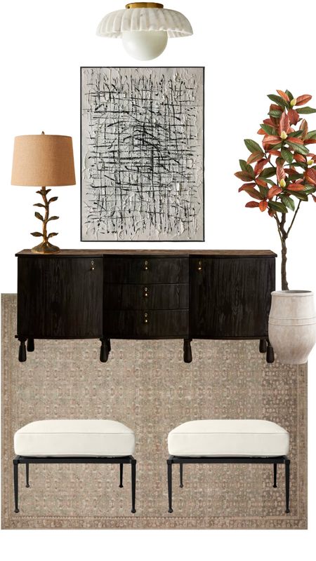 Entry way decor & furniture - credenza/sideboard/buffet, large abstract art, gold table lamp, faux magnolia tree, earthenware planter, neutral Loloi rug, white ottoman/stool/bench 

#LTKCyberweek #LTKhome #LTKstyletip