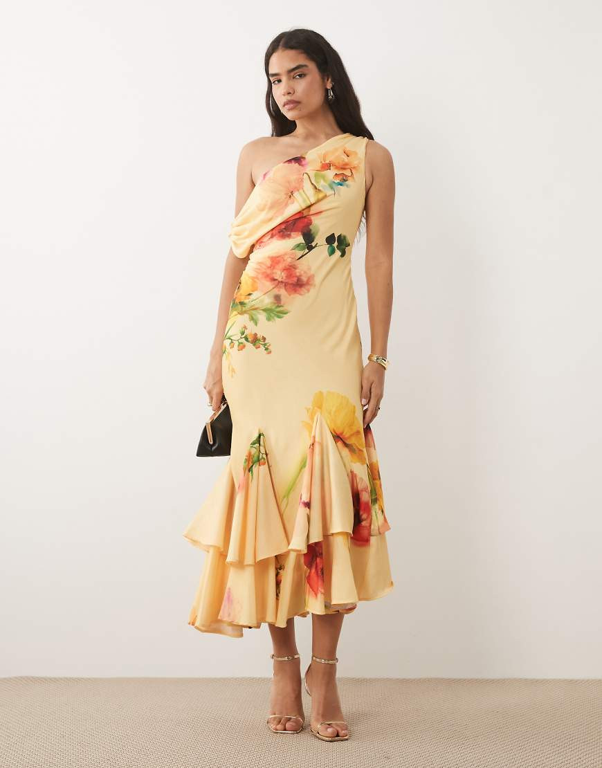 ASOS DESIGN fallen shoulder midaxi dress with asymmetric godet hem in soft floral print-Multi | ASOS (Global)