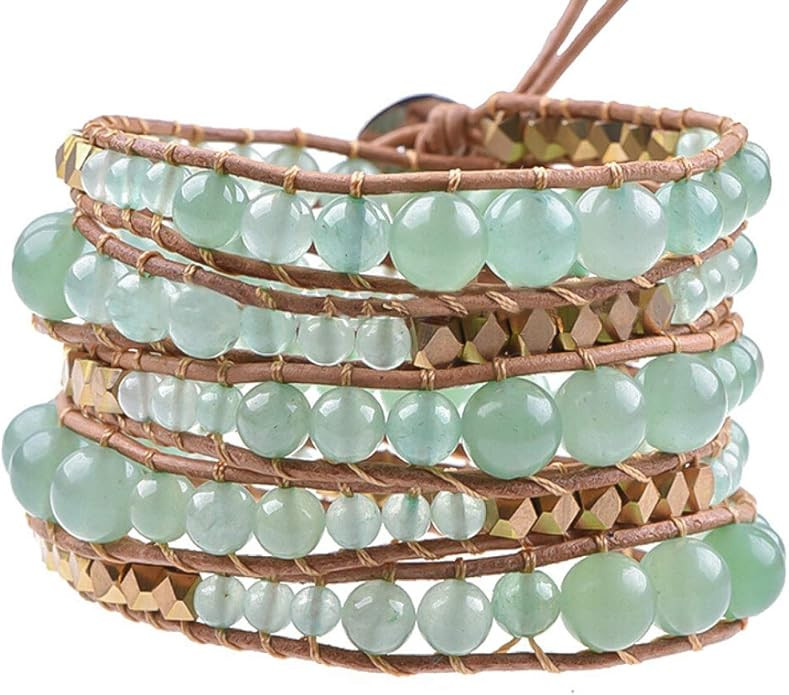 Adjustable 5 Wrap Multilayer Natural Stone Genuine Leather Boho Beaded Womens Bracelet - Handmade... | Amazon (US)