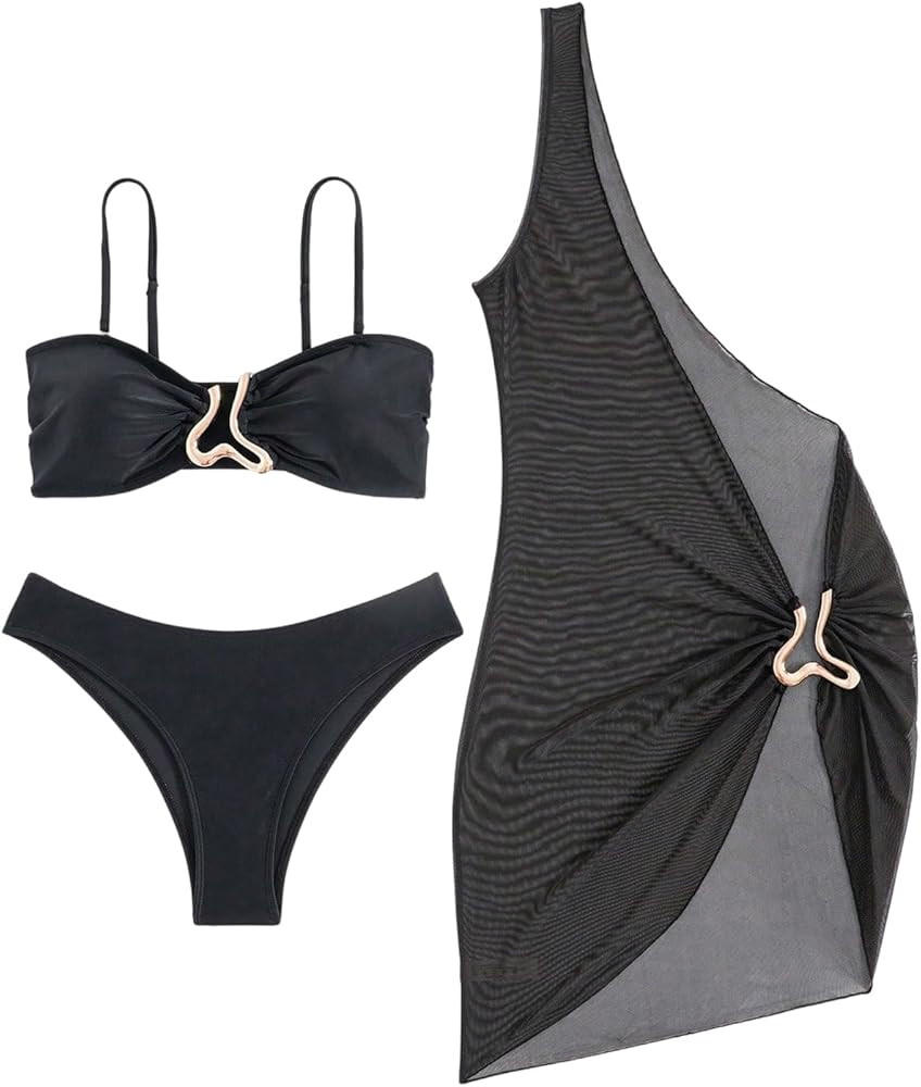 SweatyRocks Women's 3 Piece Ring Linked Swimsuits Bikini Set with Asymmetrical Sheer Mesh Coverup... | Amazon (US)