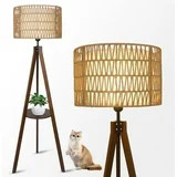 Boho Tripod Floor Lamp with Shelves, Mid Century Wood Standing Lamp with Rattan & Fabric Shades, ... | Walmart (US)