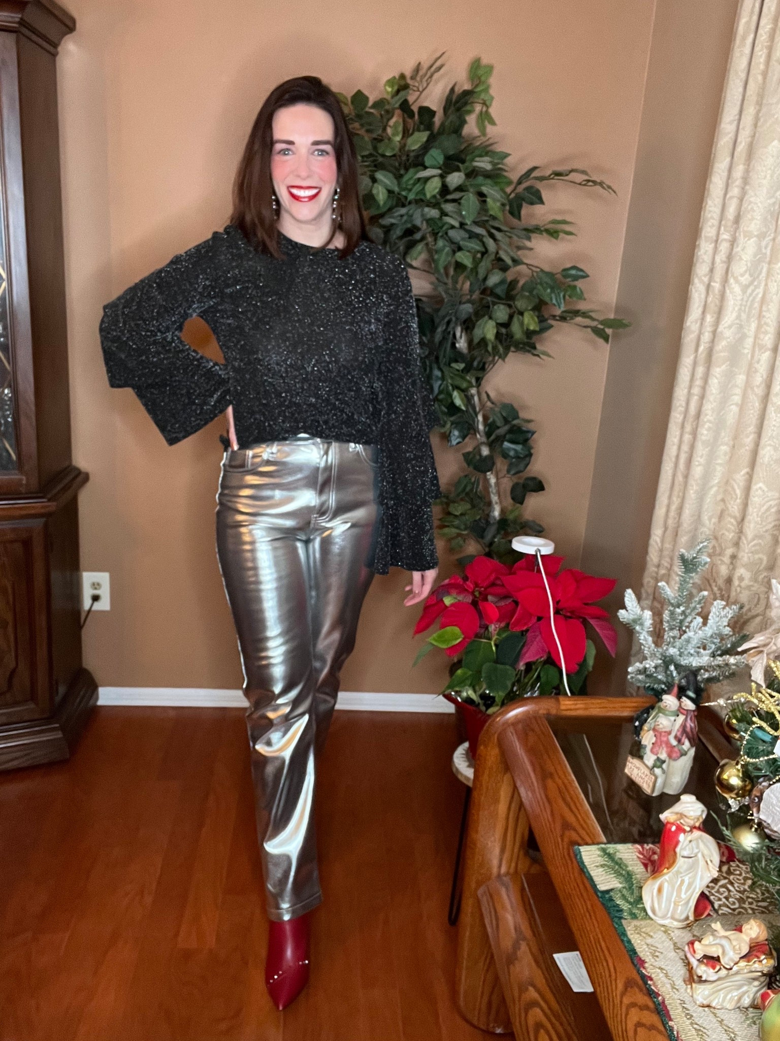Black sparkly top (small). Silver straight leg pants (27). Red studded boots (8.5). #top
#blacktop #sparklytop #pants #straightlegpants #silverpants #boots #redboots #redstuddedboots #nyeoutfit #nyeparty #newyearseveoutfits
nye outfits
nye party 
winter outfits women 
New Year’s Eve outfits 
winter capsule wardrobe

#LTKSeasonal #LTKFindsUnder100 #LTKFindsUnder50