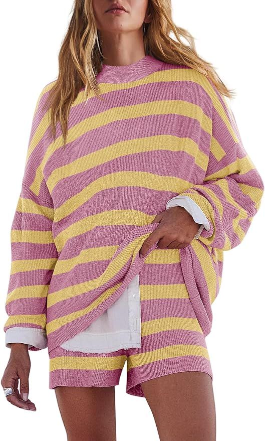 LAMISSCHE Womens Oversized Lounge Sets 2 Piece Outfits Striped Matching Pajama Set Long Sleeve Sw... | Amazon (US)