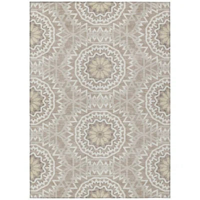 9' X 12' Taupe Khaki And Ivory Floral Medallion Washable Indoor Outdoor Area Rug | Wayfair North America