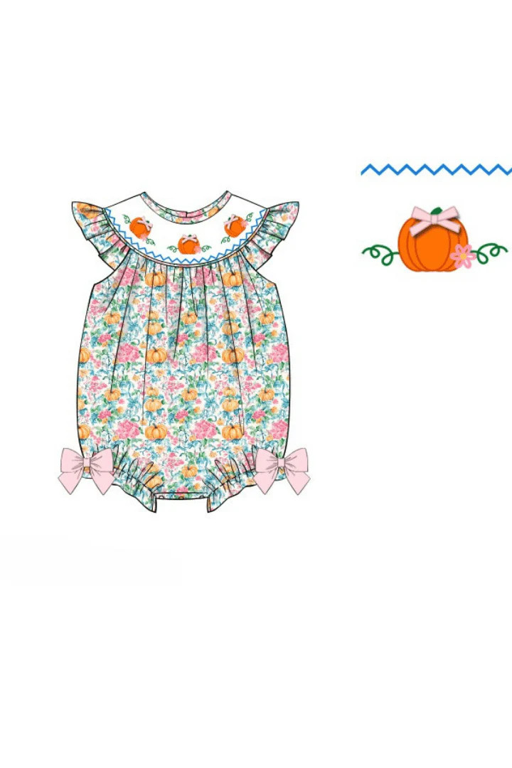 Pre-Order Smocked Floral Pumpkin Bishop Bow Bubble | The Smocked Flamingo