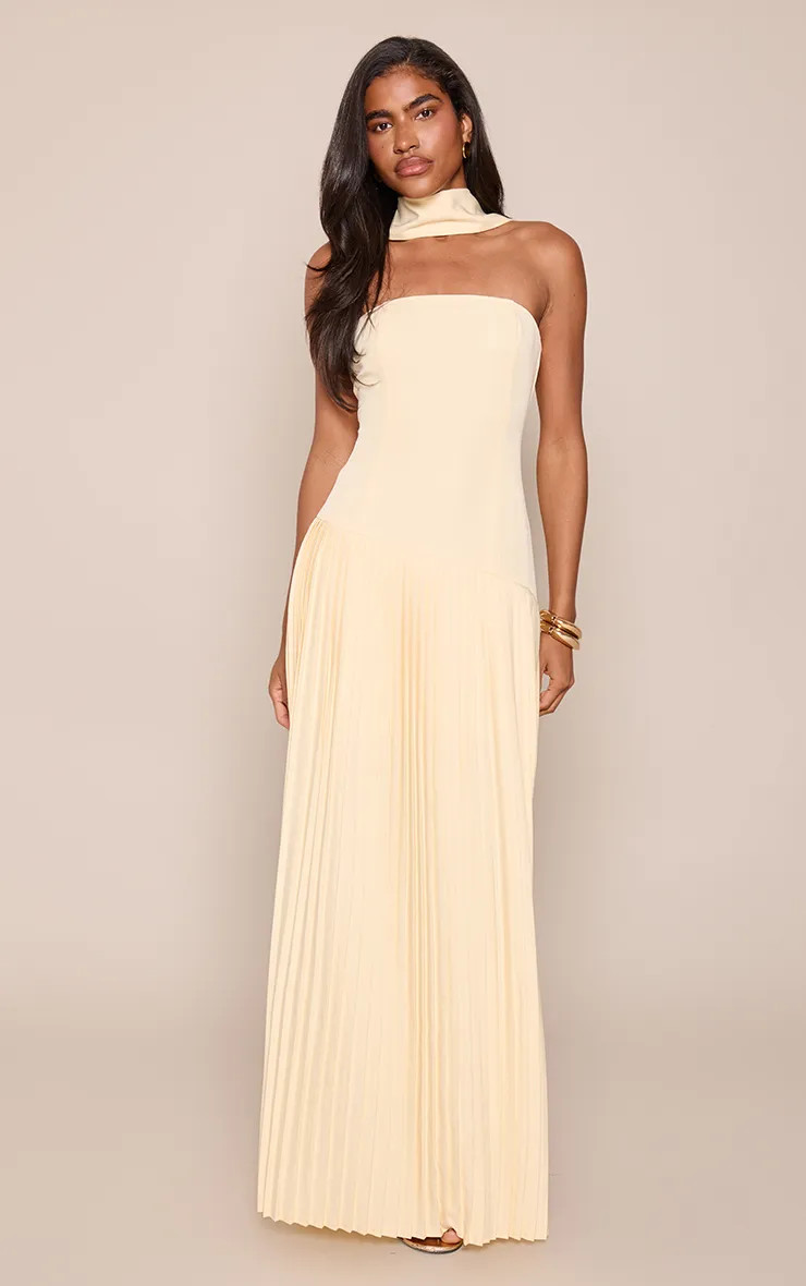 Lemon Citroengeel Geweven Asymmetrische Geplooide Maxi Jurk | PrettyLittleThing NL | Prettylittlething Netherlands