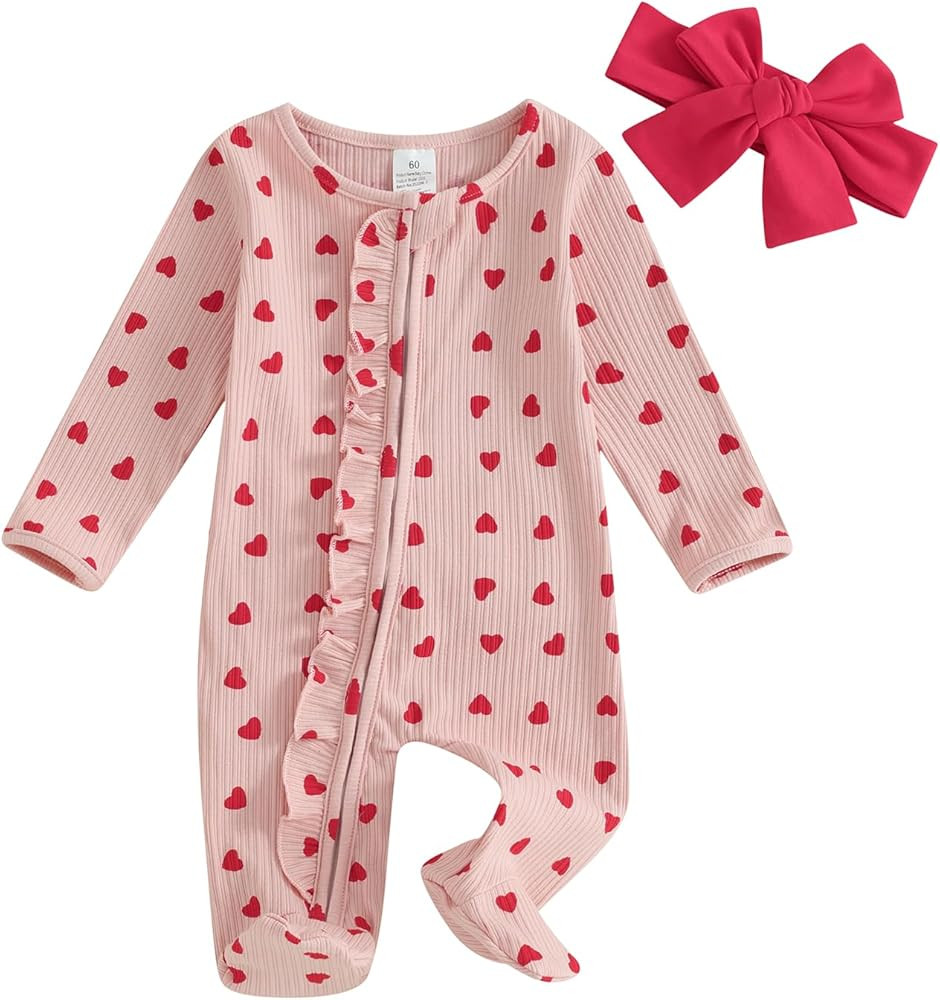 Valentines Baby Girl Outfit Bowknot Heart Footie Romper Long Sleeve Onesie Newborn Christmas Clot... | Amazon (US)