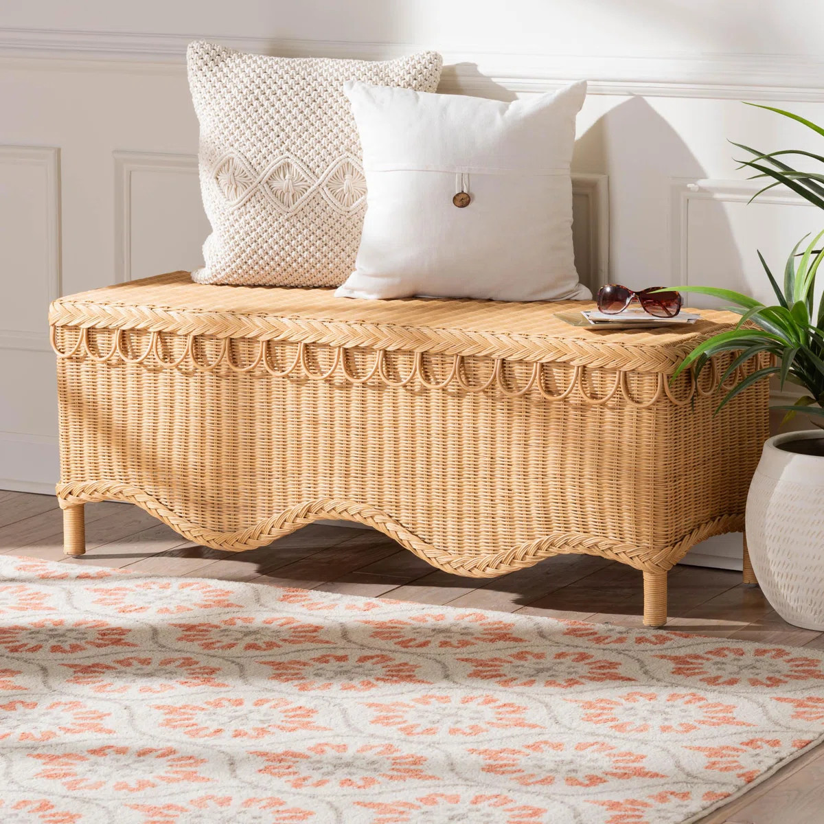 Bali & Pari Chrisley Bohemian Rattan Accent Bench With Scallop Border | Wayfair North America