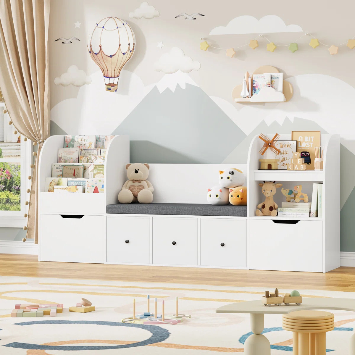 71.1"W Wood Kids Bookcase With 5 Drawers, Seat Cushion, Reading Nook & Toy Organizers | Wayfair North America