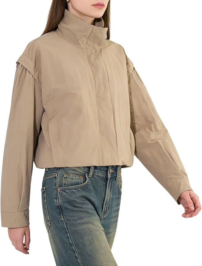 Chevara Women's Cropped Bomber Jacket Long Sleeve High Neck Lightweight Jacket Coat with Pockets | Amazon (US)