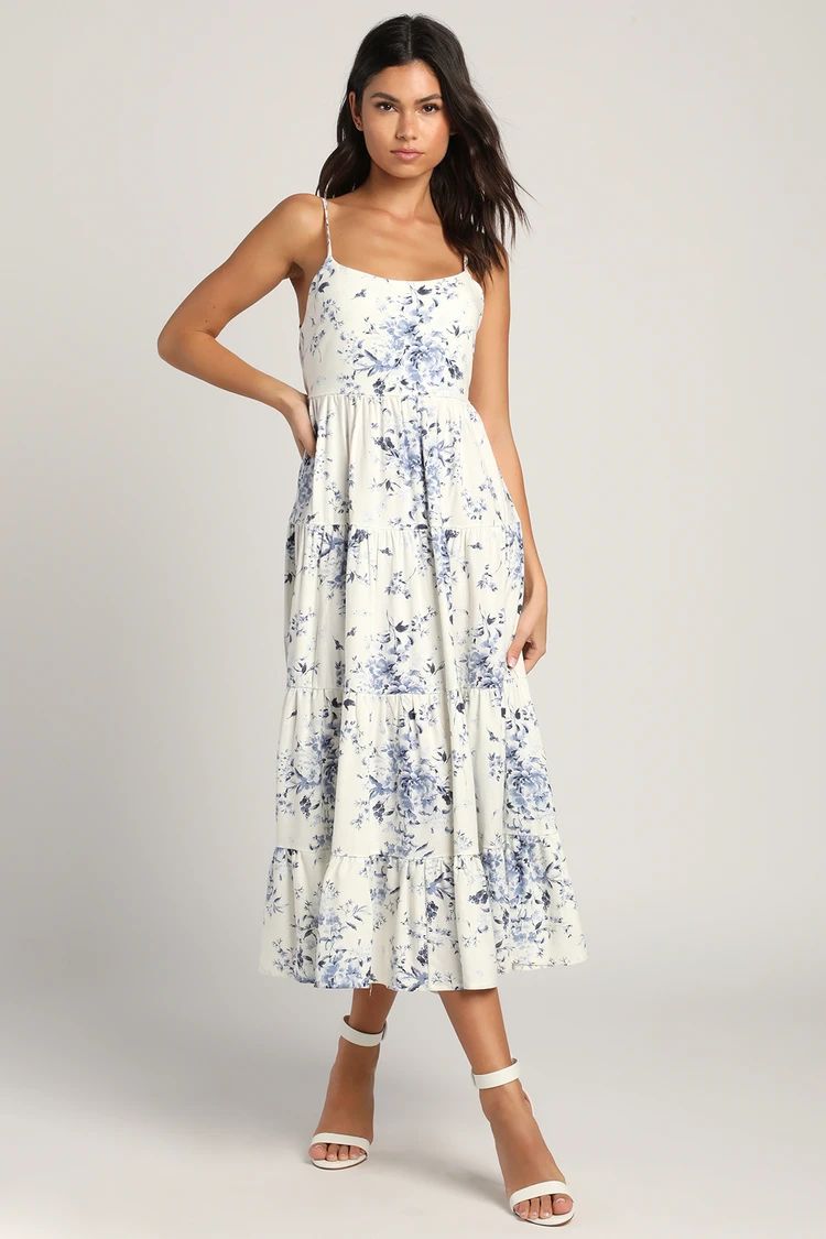 Mykonos Mood Ivory Floral Print Tie-Strap Tiered Midi Dress | Lulus