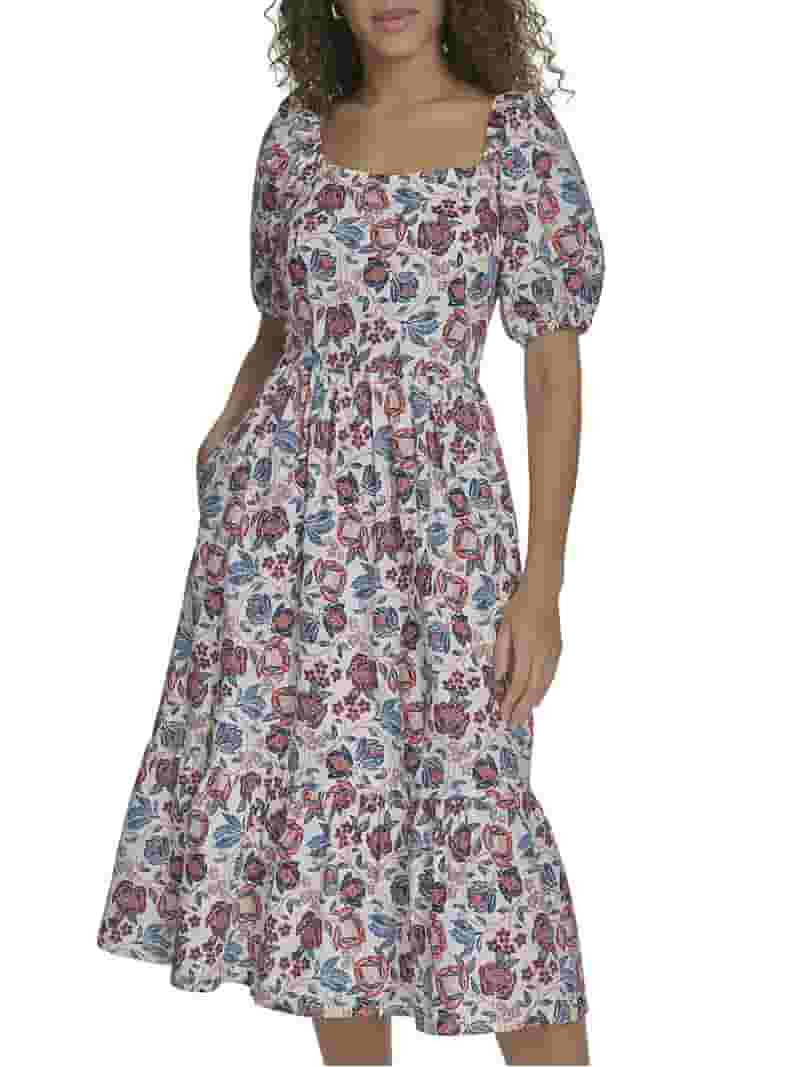 Falling Flowers Women's Cotton Square Neck Puff Sleeve Flounce Tiered Midi Dress, Sizes XS-XL - W... | Walmart (US)