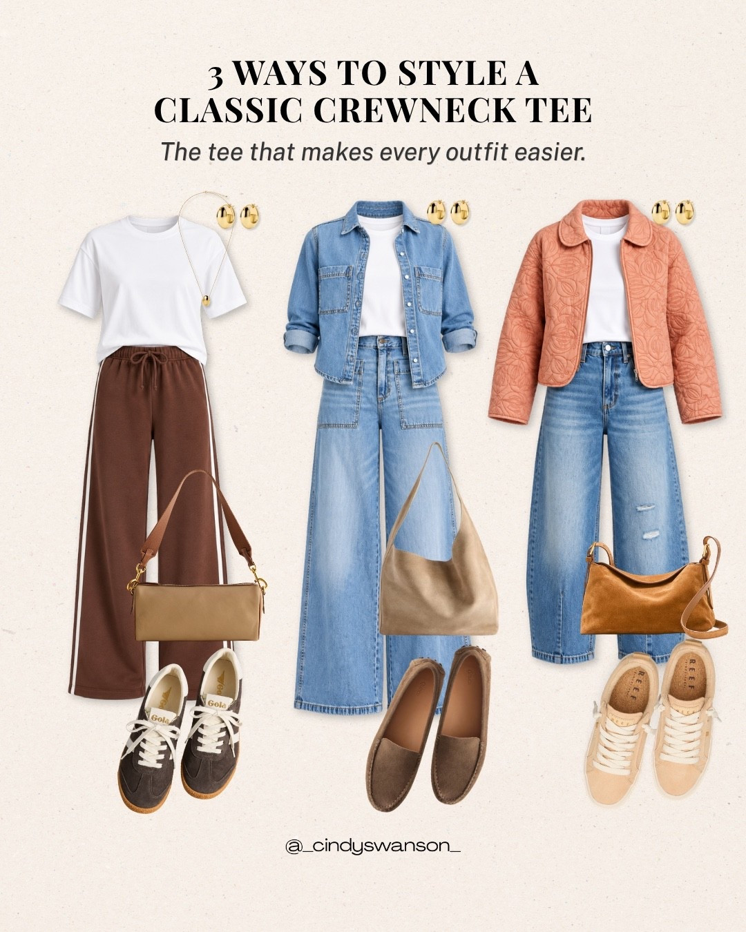 A classic crewneck tee is one of those wardrobe staples I find myself reaching for again and again. I love how easily this simple white tee works with brown track pants for an easy everyday look, layered under denim, or paired with a quilted jacket and jeans when you want a little more polish. Most of these pieces are from Target, and with their current deals, today is a great time to shop.